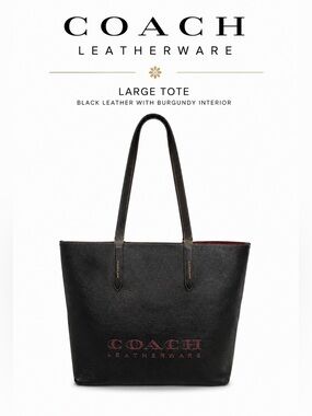Coach Leather Tote Bag Large Black Red Interior Shoulder Bag Classic Carryall